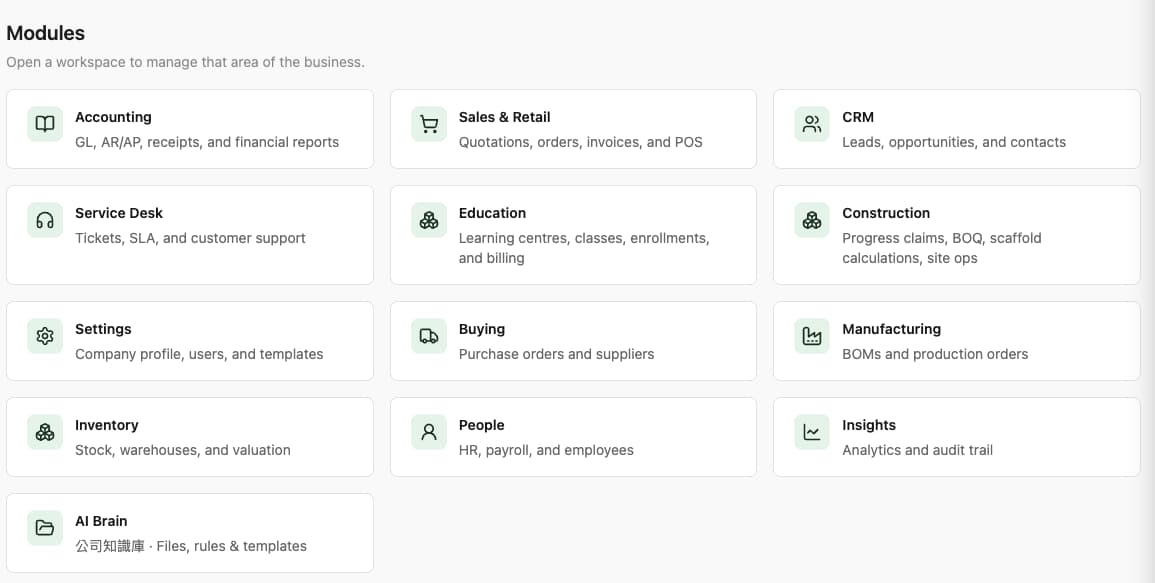 Cheery AI ERP modules for accounting, sales, CRM, inventory, people, and operations